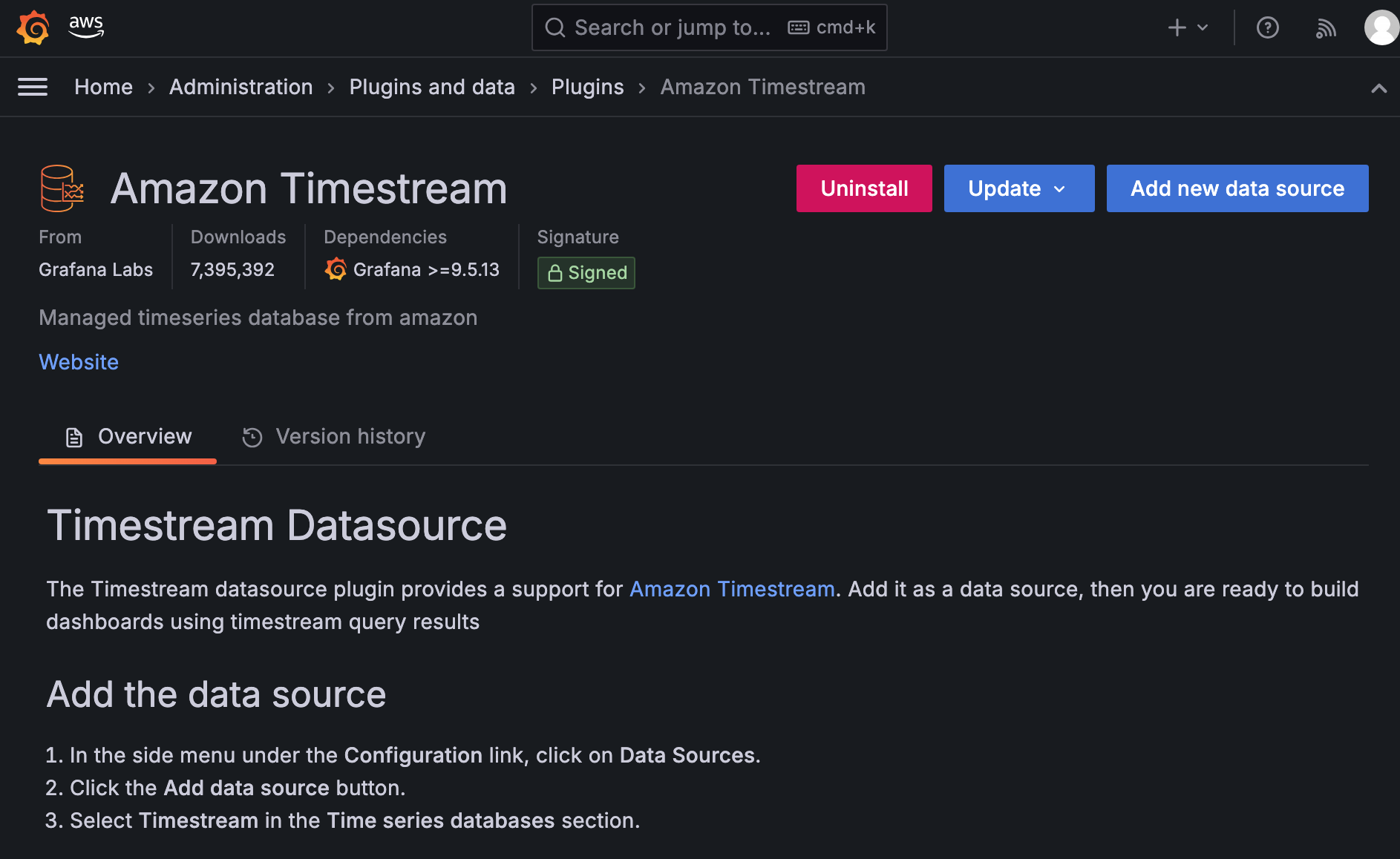 Screenshot of the Grafana interface showing the setup of the Amazon Timestream plugin as a datasource, including plugin overview and instructions for adding the Timestream datasource.