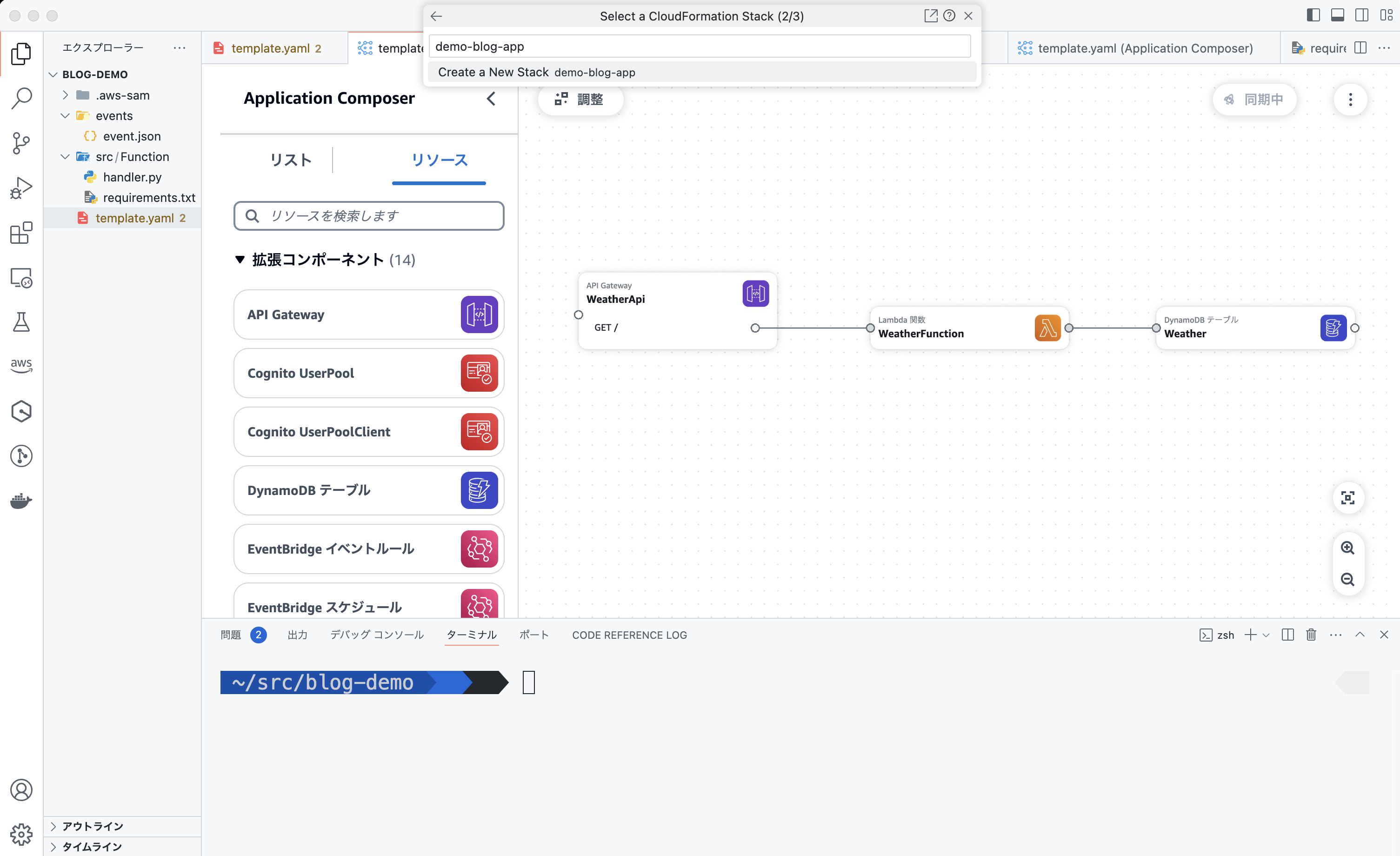 Screenshot of AWS Application Composer showing a demo blog app project with resources and component flow, with the interface displayed in Japanese.
