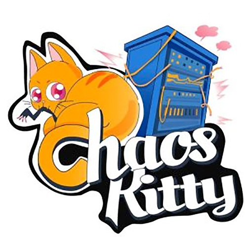 A cartoon illustration featuring an orange cat with large eyes (Chaos Kitty) next to a blue server rack with sparks and ropes. The words 'Chaos Kitty' are displayed below. The image represents the concept of chaos engineering or server mishaps in a playful style.