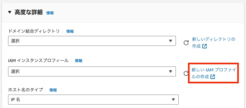 AWSコンソールの高度な詳細設定画面を示す日本語のスクリーンショット。IAMインスタンスプロファイルの選択や新規作成、ドメイン統合ディレクトリ、ホスト名のタイプなどの設定項目が表示されています。