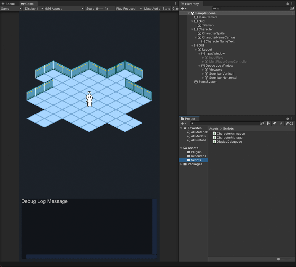 Screenshot of the Unity Editor displaying an isometric multiplayer game scene with a character, debug log window, and visible hierarchy and project panels.