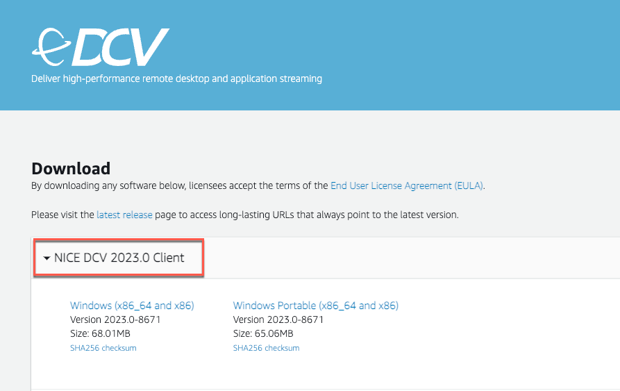Screenshot of the NICE DCV 2023.0 Client download page, showing options to download the Windows and Windows Portable versions with details about version number, file size, and SHA256 checksums.