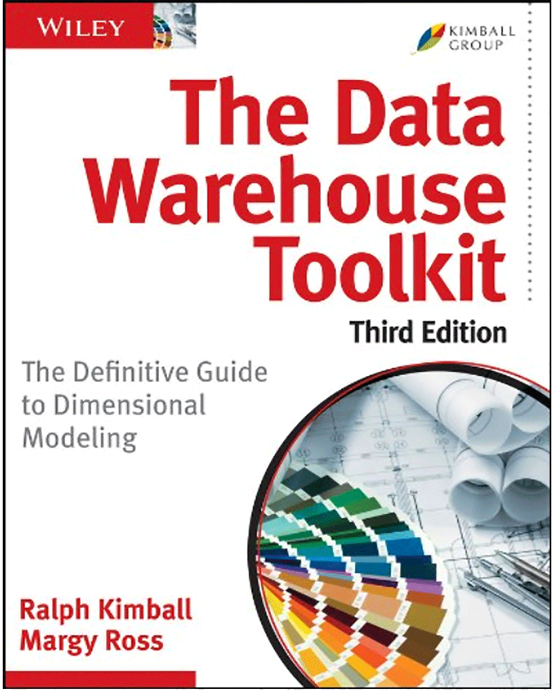 Book cover of 'The Data Warehouse Toolkit: The Definitive Guide to Dimensional Modeling, Third Edition' by Ralph Kimball and Margy Ross. The cover features the Wiley and Kimball Group logos, the book title in large red text, and an image of architectural drawings and a color palette.