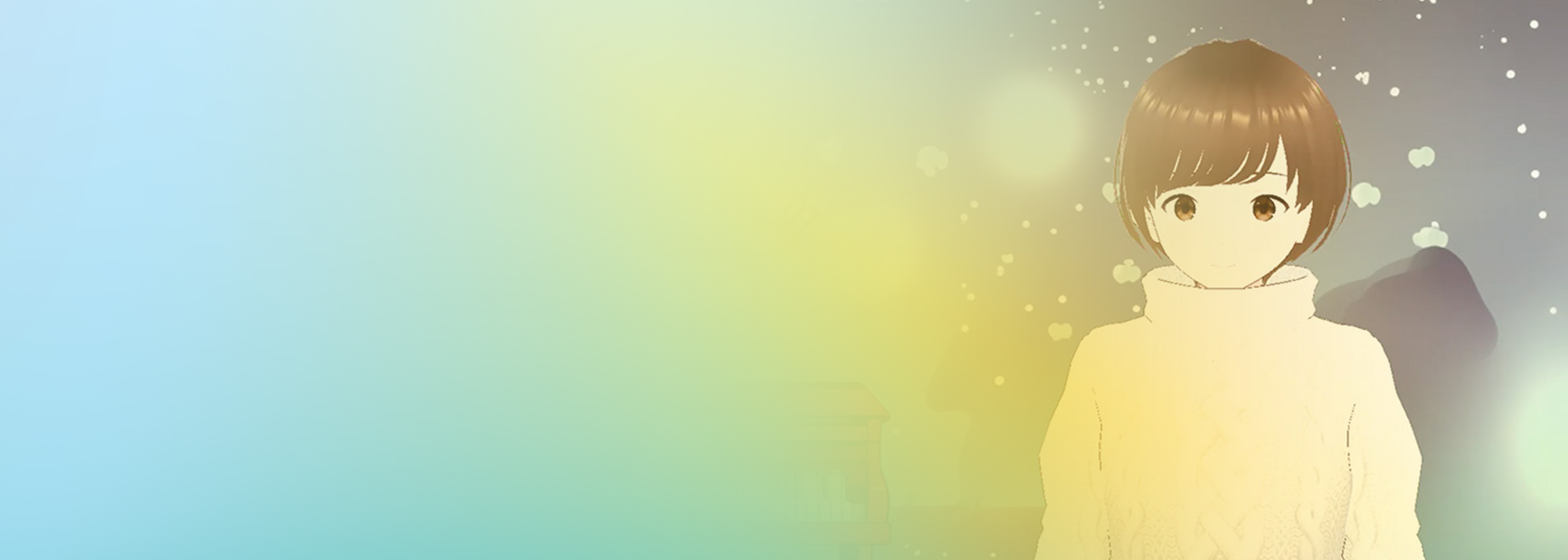 Illustration of a virtual YouTuber (VTuber) character with short brown hair and a white sweater, shown on the right side with a colorful gradient background and floating particles. Associated with Amazon Polly.