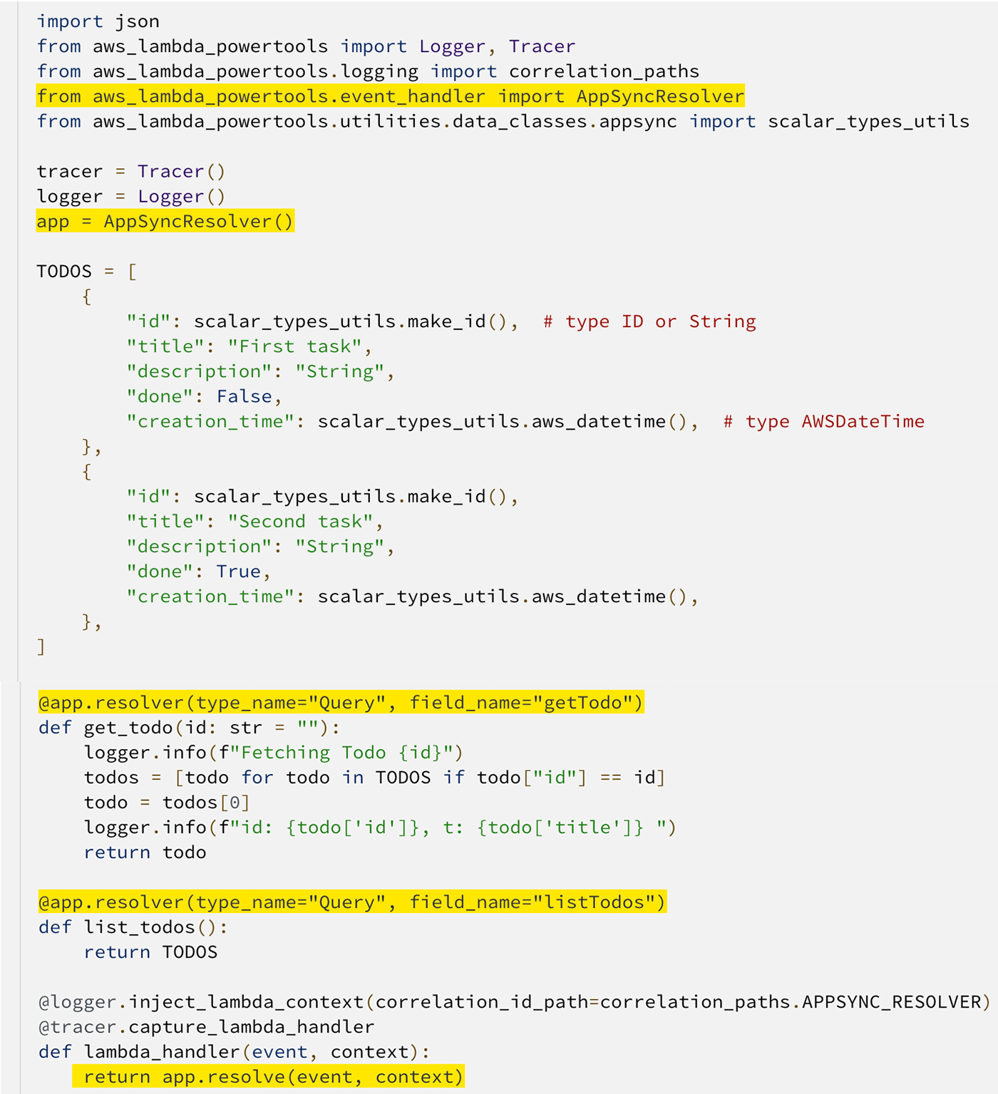 Screenshot of a Python code example demonstrating the use of AWS Lambda Powertools AppSyncResolver for AWS AppSync GraphQL resolver logic. Highlights include setup for logging, tracing, event handling, sample queries, and Lambda context injection.