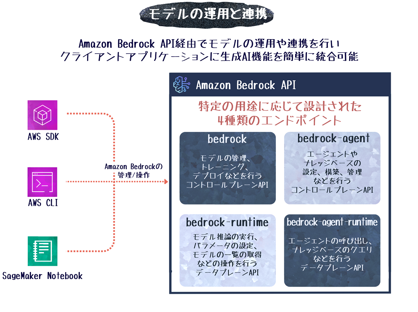 Amazon Bedrock APIエンドポイントの統合を示す日本語の図。AWS SDK、AWS CLI、SageMaker Notebookを使い、Bedrockの管理・運用を4つのエンドポイント(bedrock、bedrock-agent、bedrock-runtime、bedrock-agent-runtime)で統合する仕組みが示されています。
