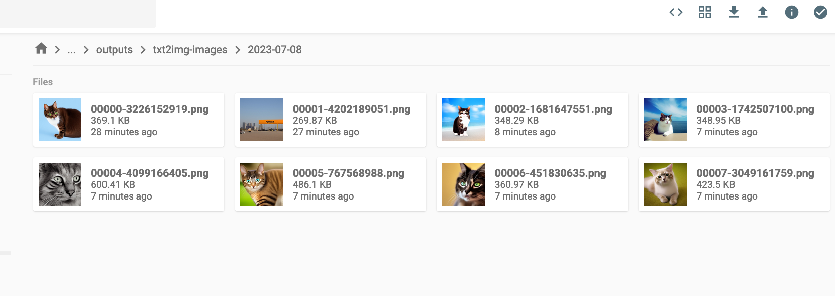 Screenshot of a file browser window displaying a list of generated cat images as PNG files, with file size and timestamp information visible.