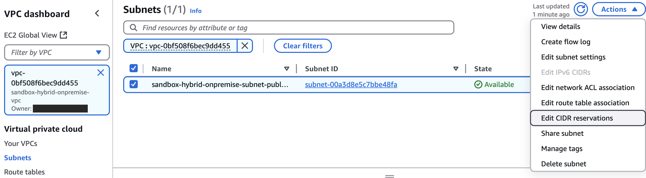 Screenshot of the AWS VPC Dashboard showing the Subnets section with the Actions menu expanded and 'Edit CIDR reservations' highlighted for a selected subnet.