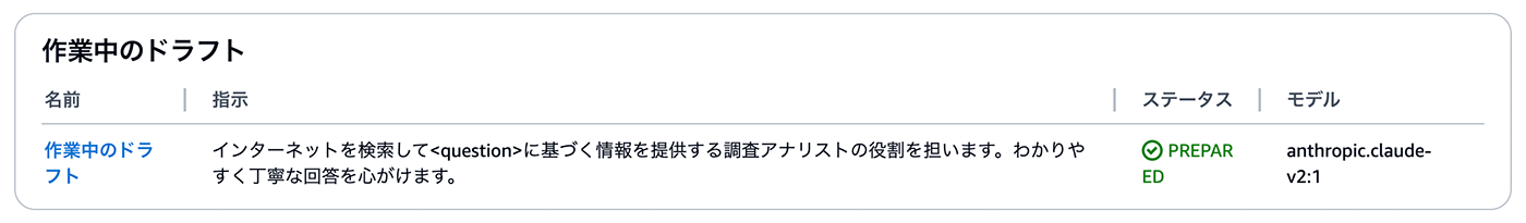 A screenshot of a Japanese status table for an AI assistant draft, showing details including the task name, instructions, status (prepared), and model version (anthropic.claude-v2:1).
