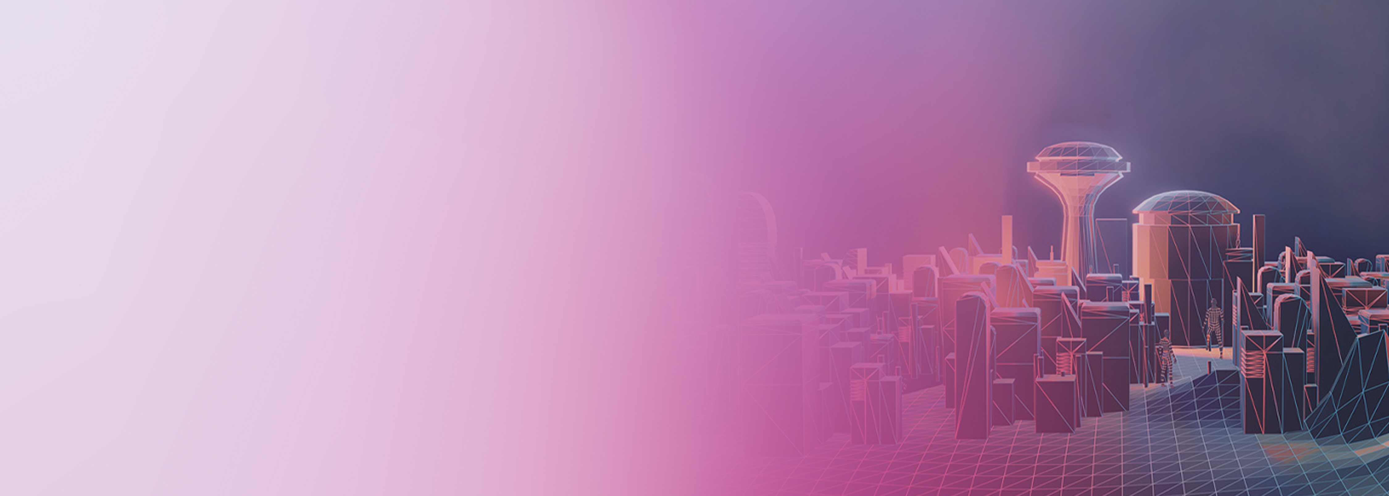 Futuristic digital rendering of a cityscape with grid and wireframe buildings, representing the concept of a digital twin. The image features a pink and purple gradient overlay with stylized geometric architecture.