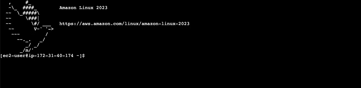 Screenshot of the terminal welcome message for Amazon Linux 2023, displaying ASCII art and a URL to the official page (https://aws.amazon.com/linux/amazon-linux-2023/).