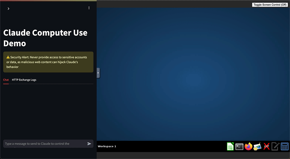 Screenshot of the Claude Computer Use Demo interface showing a security alert warning users not to provide access to sensitive accounts or data, as malicious web content can hijack Claude's behavior. The interface features a chat area, HTTP exchange logs, and workspace panel.
