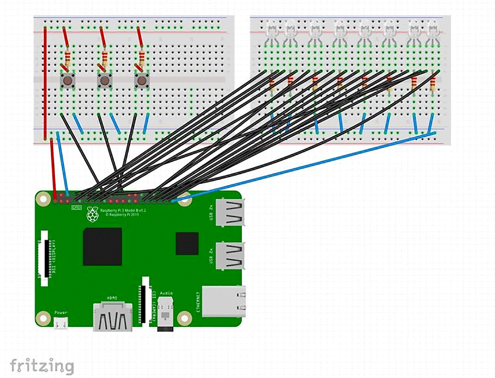 A wiring diagram showing a Raspberry Pi connected to two breadboards, featuring push buttons, resistors, LEDs, and jumper wires. The diagram illustrates connections between GPIO pins and the components for prototyping electronics projects.