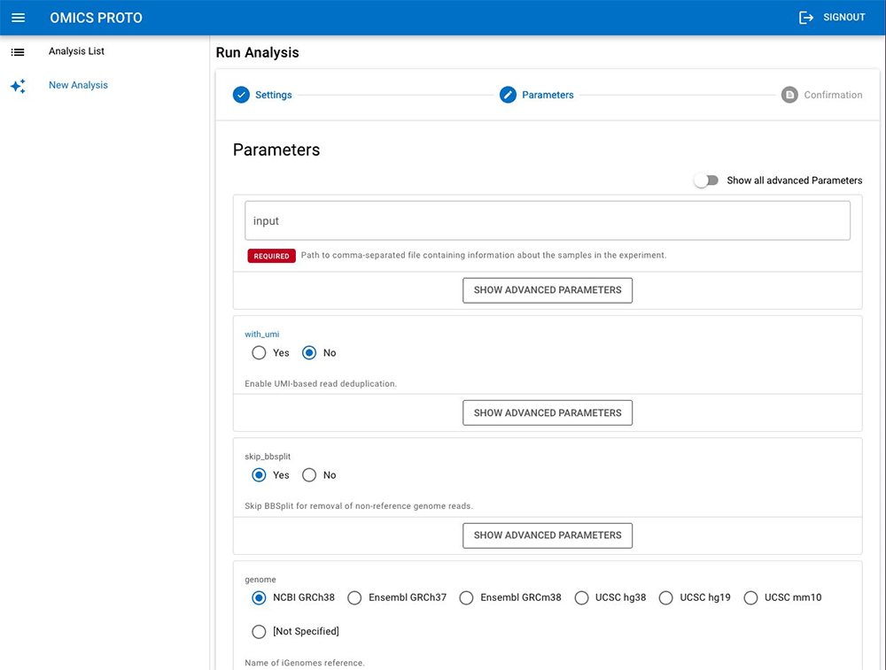 Screenshot of the OMICS PROTO interface showing the 'Run Analysis' parameters configuration page, including fields for input file, UMI-based deduplication, BBSplit options, and genome reference selection.