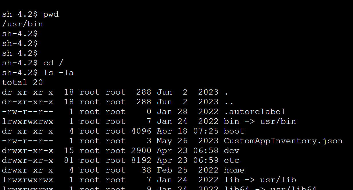 Screenshot of a Linux terminal displaying the result of the 'ls -la' command in the root directory, showing file and directory permissions, ownerships, and names.