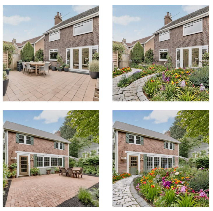 A collage showing before and after images of a backyard garden makeover, illustrating the transformation from a plain patio to a vibrant garden with flowers, plants, and stone pathways.