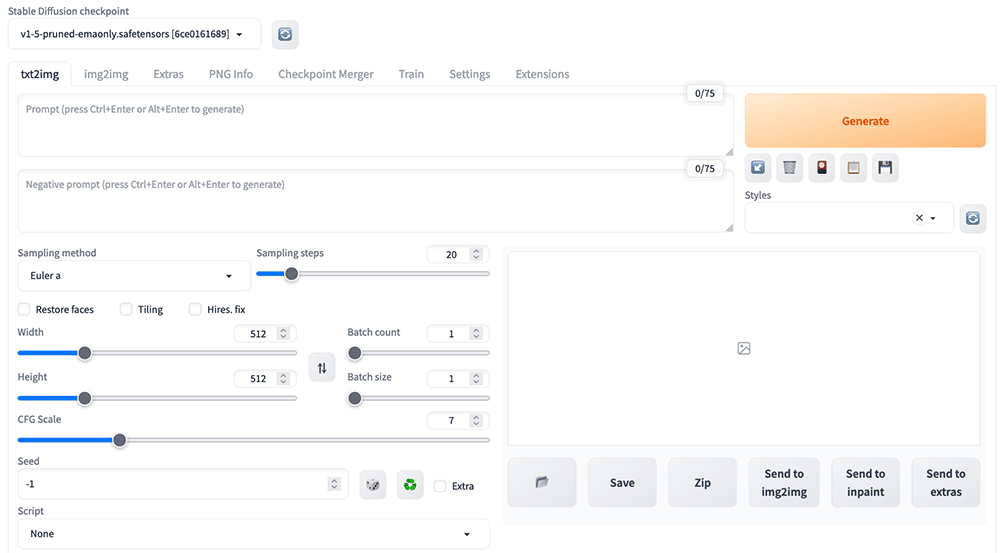 Screenshot of the Stable Diffusion txt2img user interface, showing various input fields and configuration options such as prompt entry, sampling method, image dimensions, batch size, CFG scale, and a large 'Generate' button.