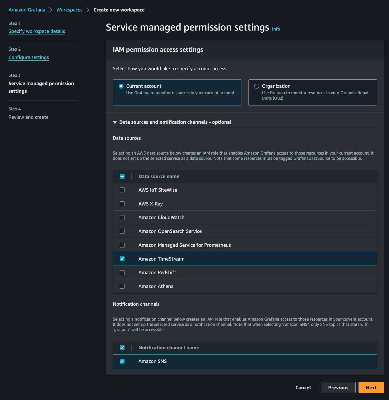 Screenshot of the Amazon Grafana workspace creation process showing service managed permission settings for IAM permission access, AWS data source selection such as Amazon Timestream, and notification channel configuration using Amazon SNS.