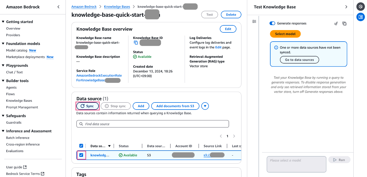 Screenshot of the Amazon Bedrock Knowledge Base sync interface, displaying options to sync data sources, add documents from S3, and test the knowledge base functionality.
