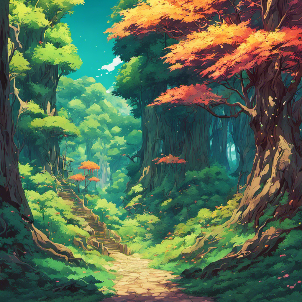 Illustration of a fantasy forest featuring a winding stone path and steps surrounded by large, lush trees with autumn-colored foliage.