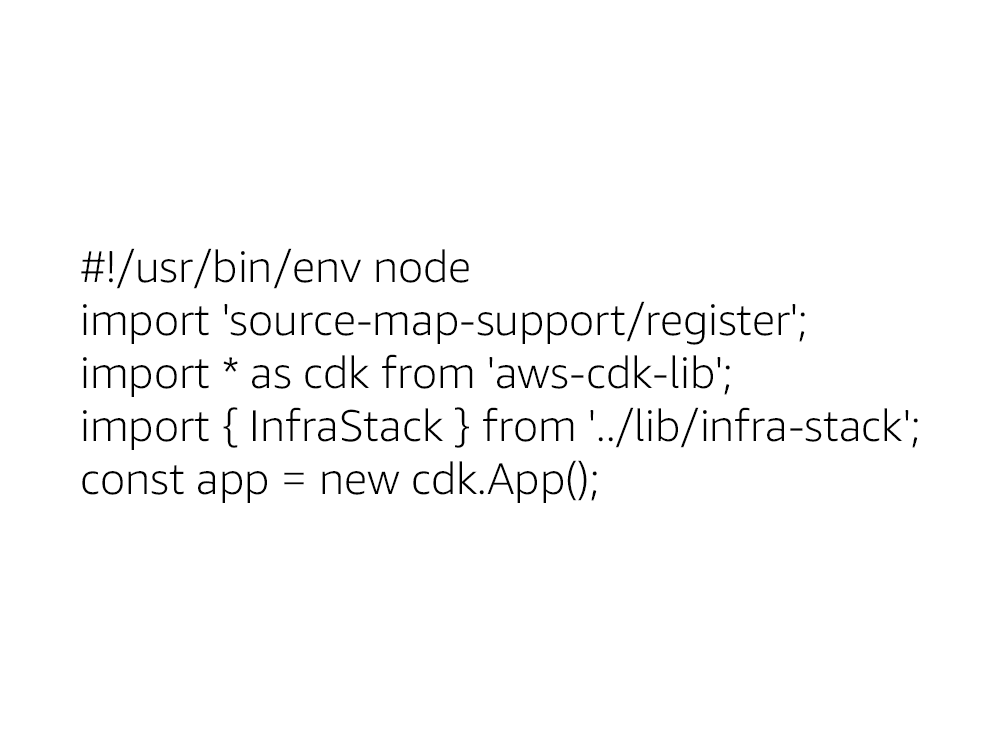 Screenshot of JavaScript/TypeScript code initializing an AWS CDK application for deploying a Spring Boot app using App Runner, showing import statements for 'aws-cdk-lib', 'source-map-support/register', and definition of InfraStack.