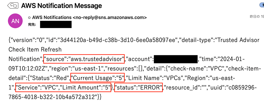 Screenshot showing an AWS notification message for a VPC quota error from AWS Trusted Advisor, highlighting information such as service limits, current usage, status error, and key message details in a JSON payload.