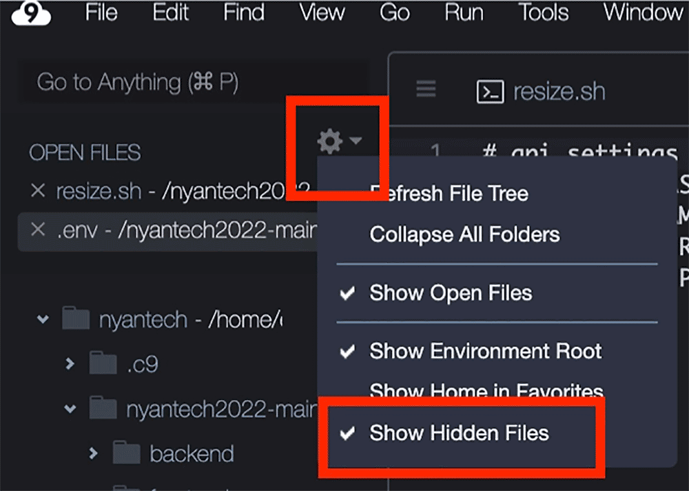Screenshot of the AWS Cloud9 IDE showing the settings menu with the 'Show Hidden Files' option highlighted.