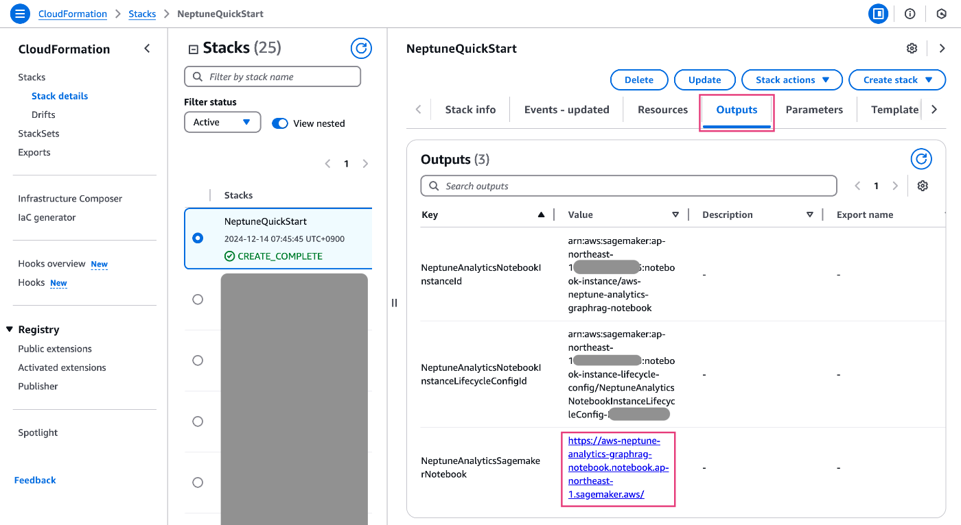 Screenshot of the AWS CloudFormation console displaying the Outputs tab for a NeptuneQuickStart stack, showing SageMaker notebook-related outputs including instance IDs and notebook URLs.