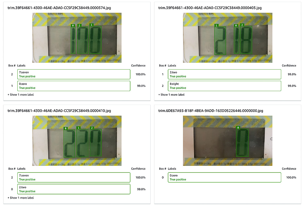 Screenshot showing AI OCR detection results on a coffee machine digital display, with bounding boxes and confidence scores for labeled digits. The image demonstrates the application of optical character recognition for automated reading of electronic labels.