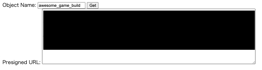 Screenshot of the AWS Console showing an example form for generating a presigned URL for an object in object storage. The form includes fields for object name and presigned URL, with the object name set to 'awesome_game_build'.