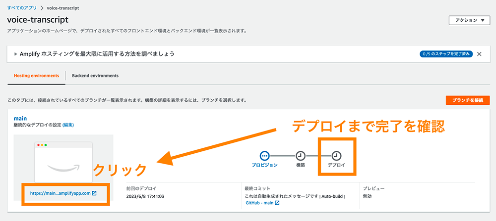 Screenshot of the AWS Amplify console in Japanese, showing the deployment status for a voice transcription web app. Visual indicators highlight the deploy step and provide instructions to click the app URL to confirm deployment completion.