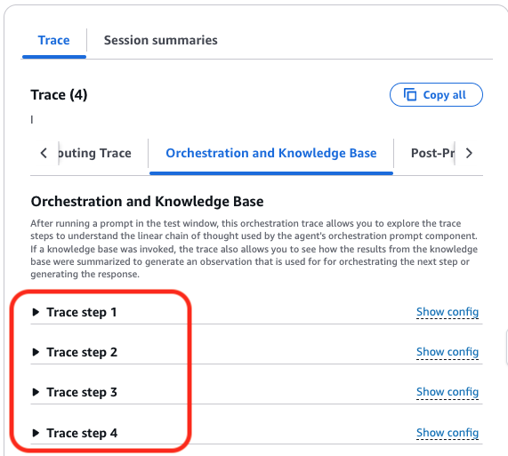 Screenshot of the AWS Orchestration and Knowledge Base interface showing the trace steps workflow. The highlighted section displays a list of trace steps (Trace step 1 to Trace step 4) used to understand the sequence of orchestration actions and knowledge base results in a session trace view.