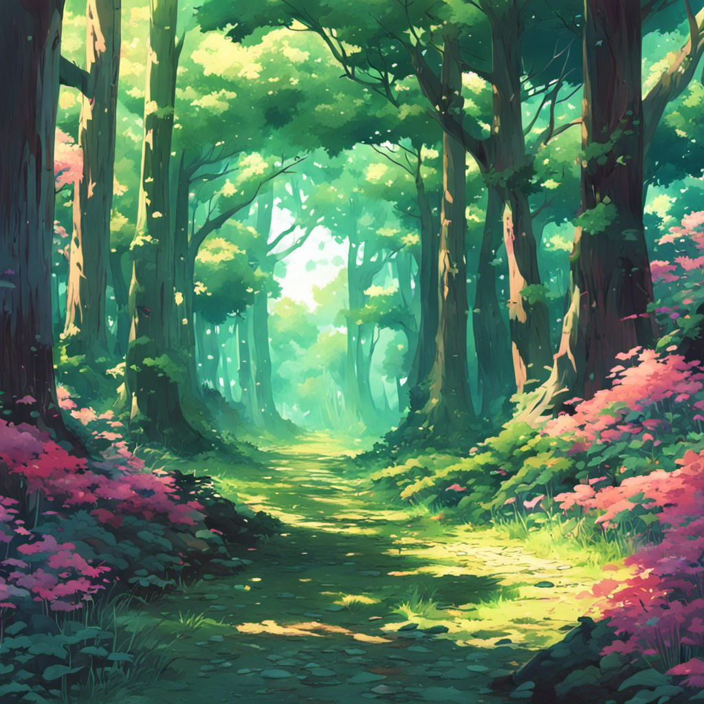 An illustrated scene of a sunlit forest path surrounded by tall green trees and blooming flowers, with gentle sunlight filtering through the foliage.