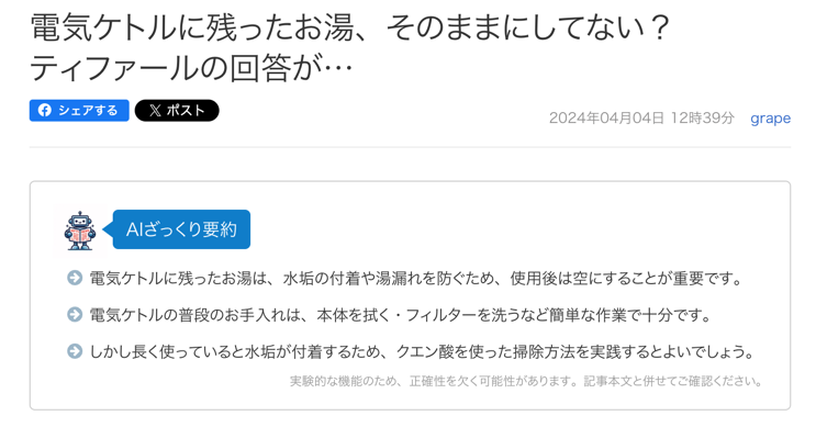 Screenshot of a Japanese article discussing the importance of emptying leftover water from electric kettles, simple daily maintenance methods, and tips for removing scale using citric acid, with an AI-generated summary included (published April 4, 2024).