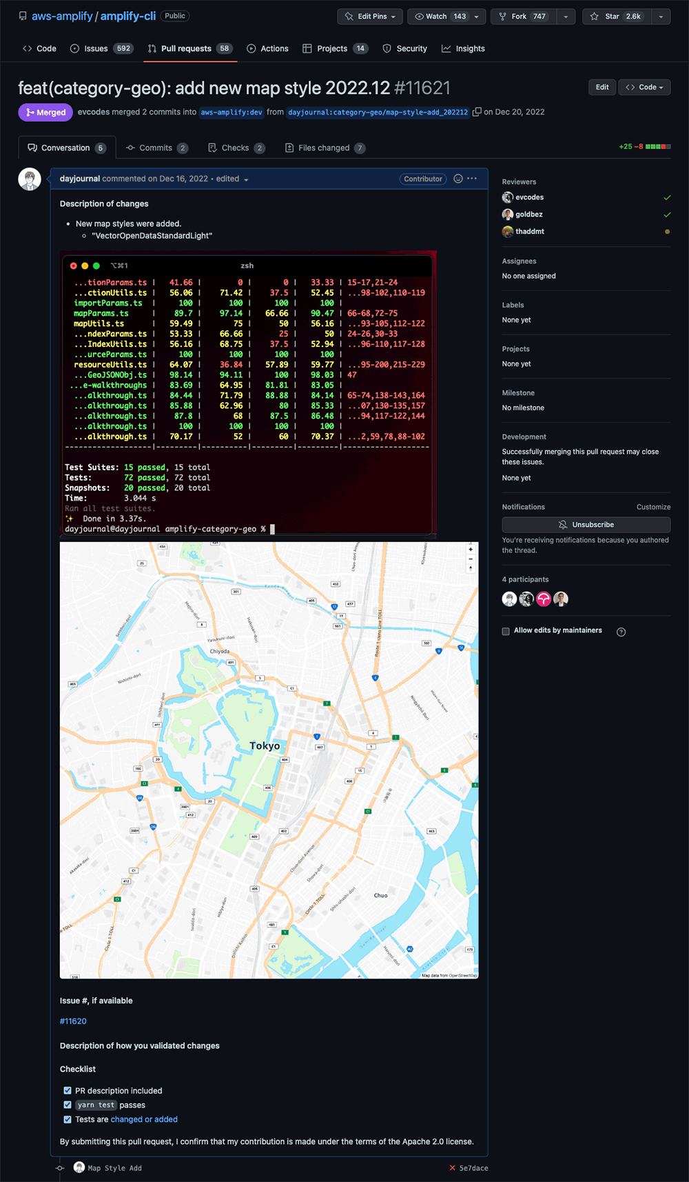 Screenshot of a GitHub pull request for aws-amplify/amplify-cli showing the addition of a new map style for AWS Amplify Geo, including terminal test results and a sample map of Tokyo.