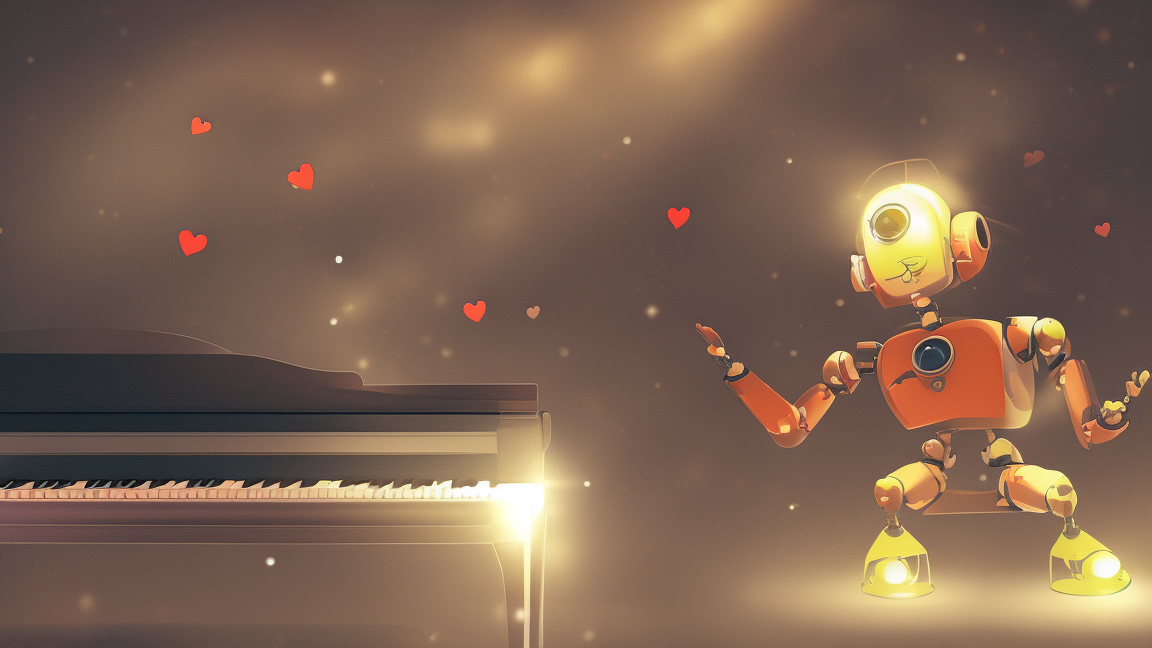 An illustration of an orange robot singing with heart symbols floating around, next to a glowing piano on a warm, dreamy background.