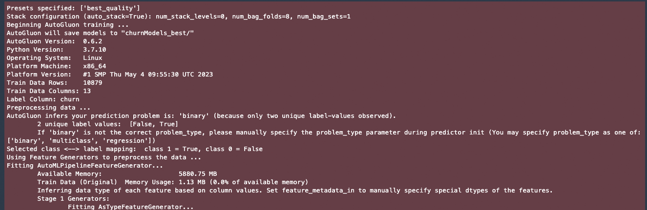 Screenshot showing the terminal output of an AutoGluon churn model training process, including environment details, dataset info, and feature generator steps.