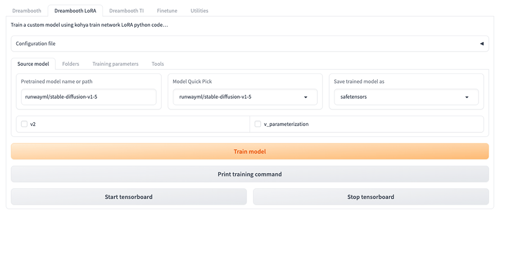 Screenshot of the Dreambooth LoRA training interface from the Stable Diffusion web UI, showing configuration options for training custom models using kohya train network with LoRA and parameters for model selection and saving.