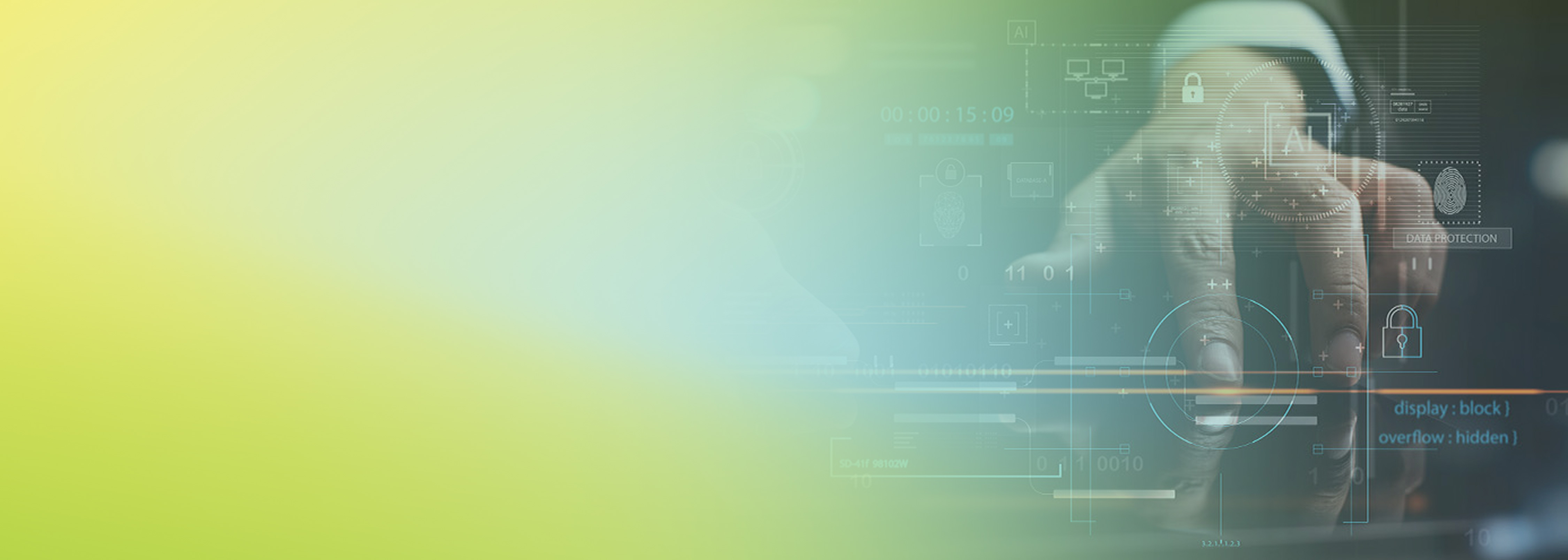 Abstract technology background with a hand interacting with a touchscreen interface, showing digital elements such as security icons, data protection symbols, and code snippets. Suitable for illustrating topics on Terraform, cloud account management, or secure automation.