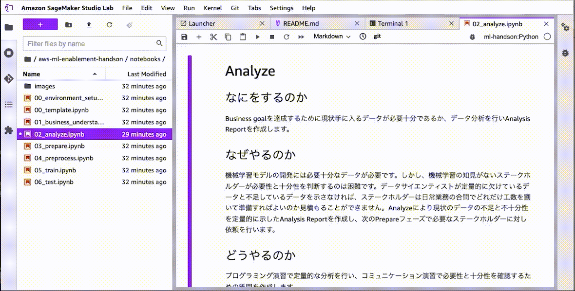 Screenshot of Amazon SageMaker Studio Lab showing a Jupyter notebook titled '02_analyze.ipynb' with Japanese instructions and descriptions for the analysis phase of a machine learning workflow. The notebook lists sequential files and includes both Japanese and English text explaining the purpose and reasoning for analyzing data as part of business goal achievement.