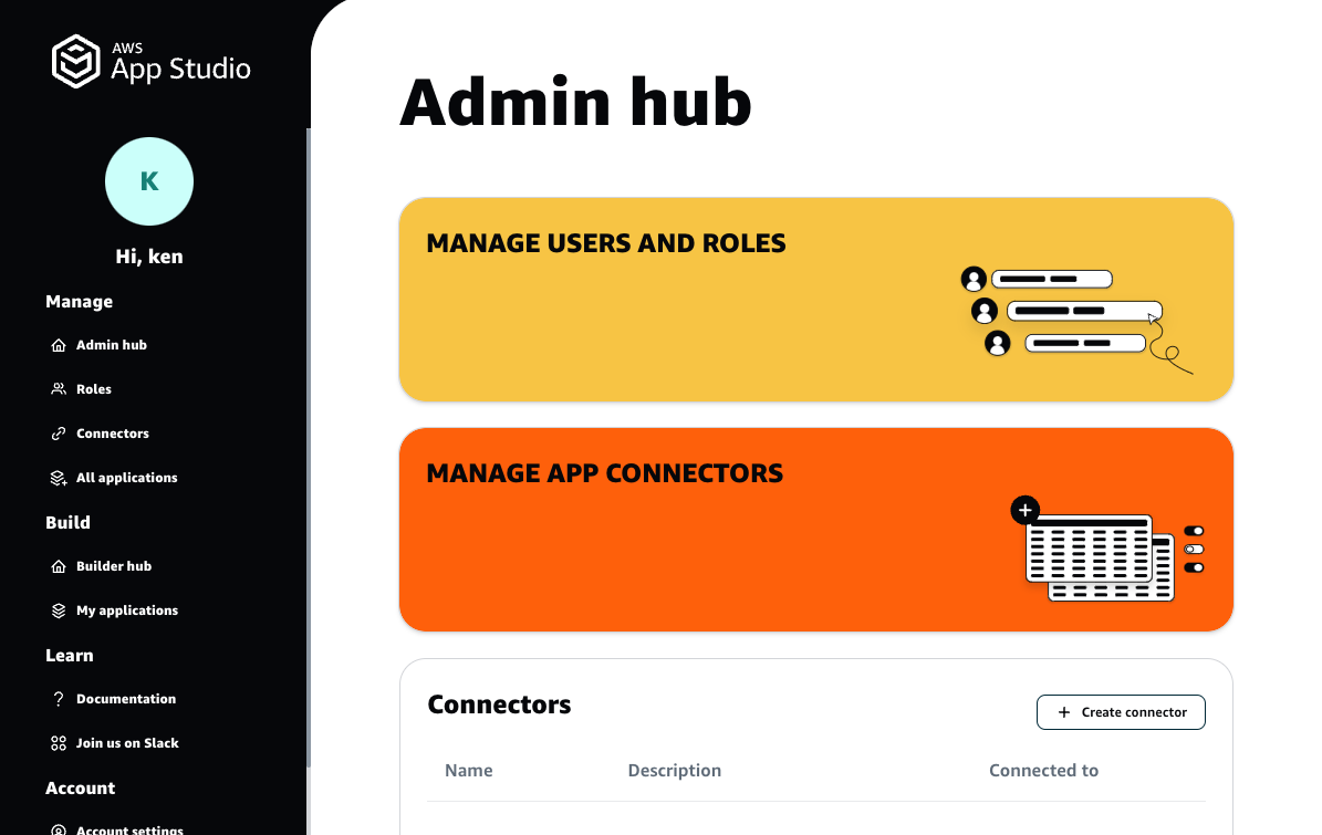 Screenshot of the AWS App Studio Admin Hub dashboard, showing options to manage users, roles, and app connectors, with a navigation menu on the left.