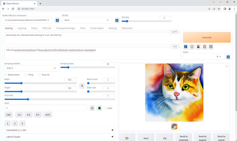 Screenshot of the Stable Diffusion user interface showing settings and the result of generating a detailed watercolor painting of a cat with a colorful background.