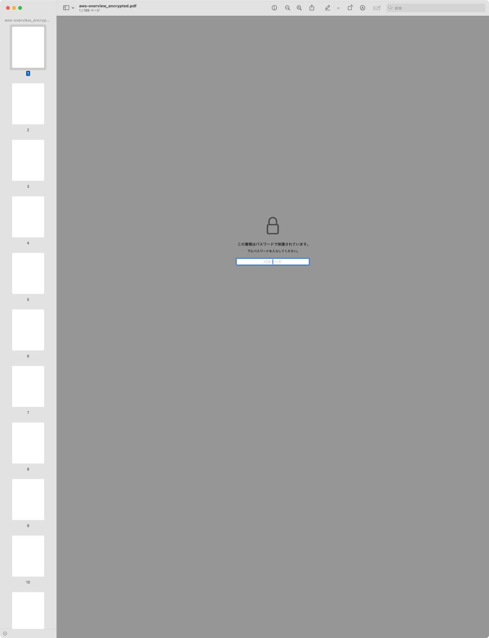 Screenshot of a password-protected PDF file viewed in a Japanese interface, showing a lock icon and a prompt to enter a password to access the document.