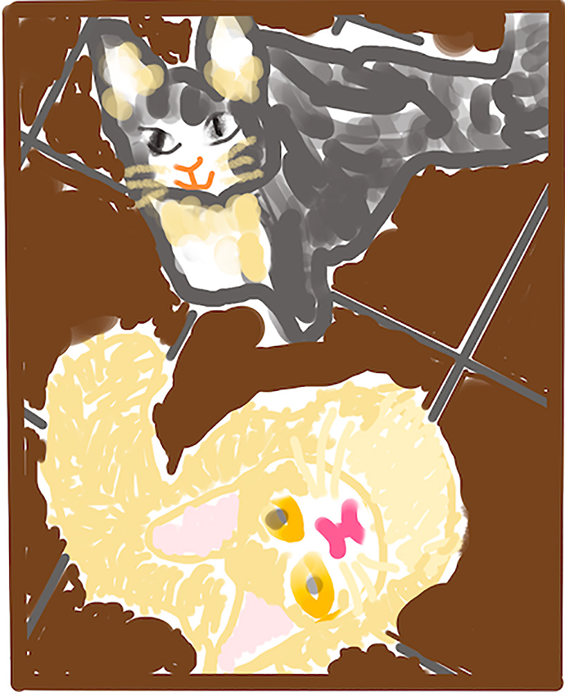 A digital illustration featuring two cats, one grey and one light orange, depicted on a brown background.