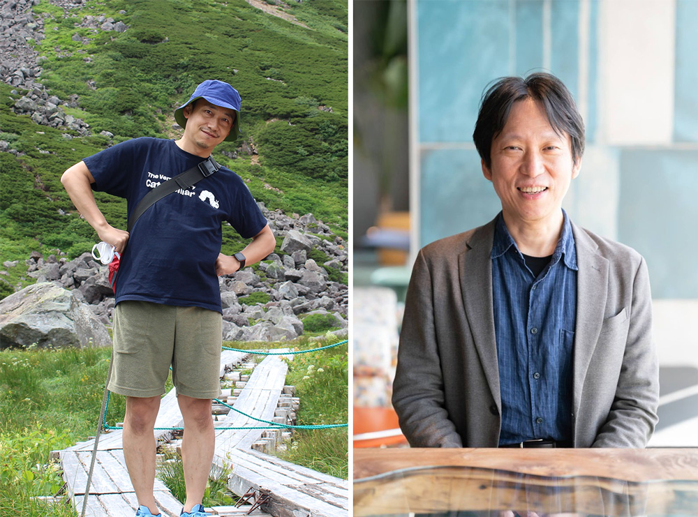 A split image showing two portraits: one of a man standing outdoors in a mountainous area and wearing casual hiking clothing, and another of the same man indoors dressed in business casual attire, smiling at the camera.