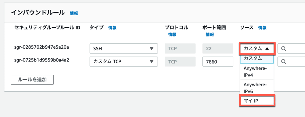 AWSセキュリティグループのインバウンドルール設定画面を表示しています。SSHやカスタムTCPの設定例があり、ソースIPとして「カスタム」や「マイIP」を選ぶ日本語UIが強調されています。