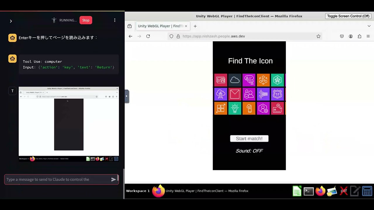 Screenshot of a Unity WebGL game demo titled 'Find The Icon', showing a grid of colorful icons and a 'Start match!' button. The interface is displayed in a Mozilla Firefox browser window as part of a video tutorial or demo.