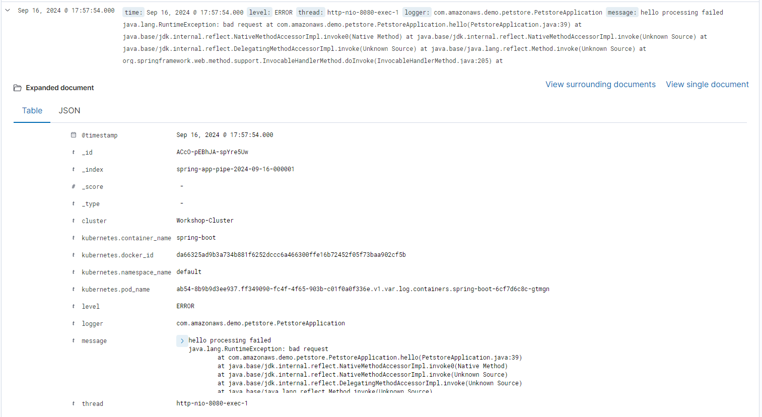 Screenshot of OpenSearch displaying centralized logging error details from a Kubernetes application. The logs include error level, thread, logger, timestamp, and a Java exception related to a failed request in a Spring Boot container within a Kubernetes cluster.