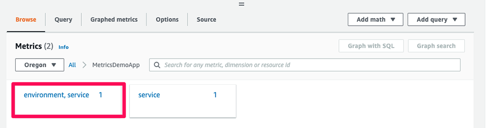 Screenshot of AWS CloudWatch Metrics interface showing environment and service grouping options in the Oregon region.
