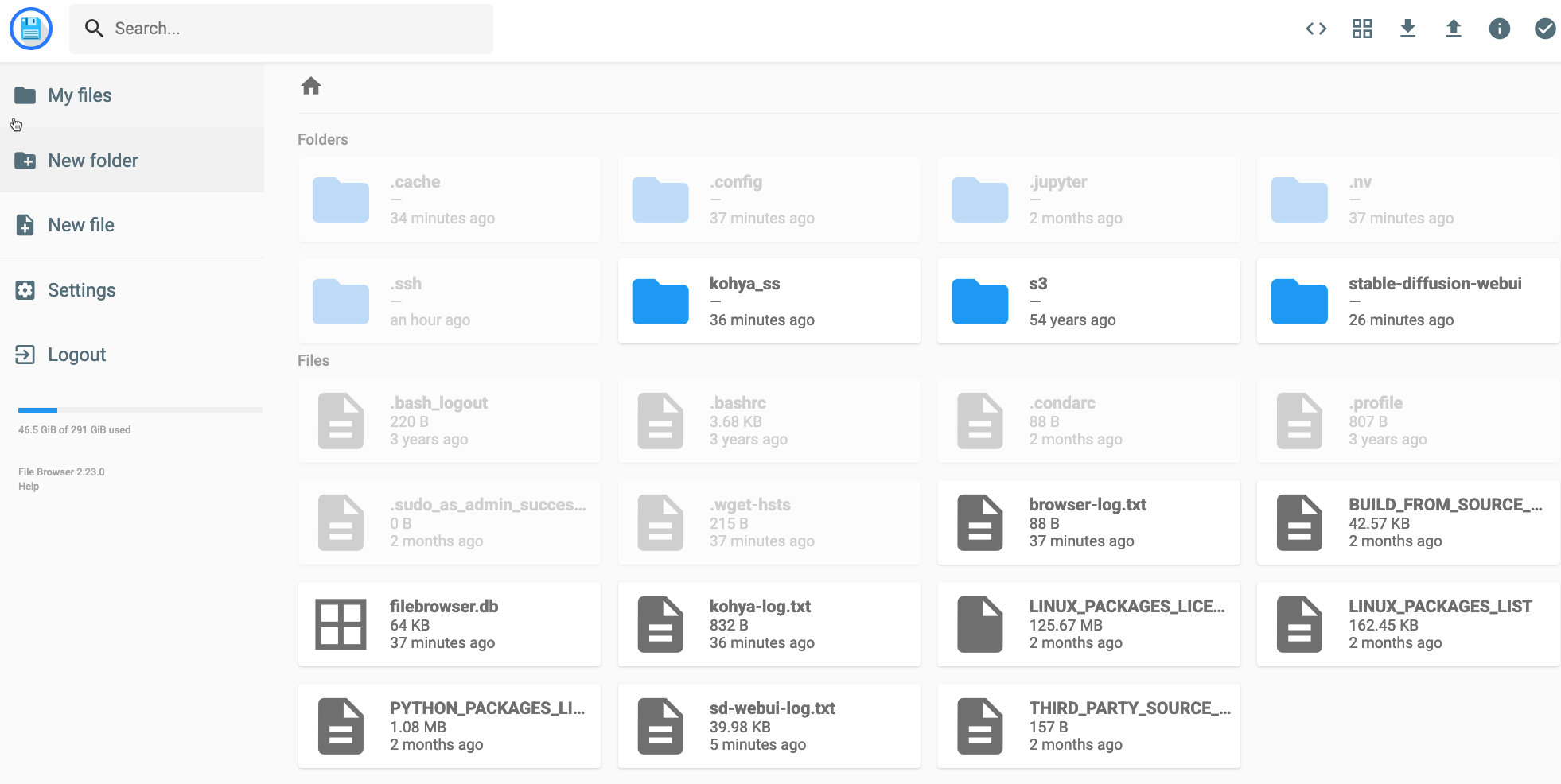 Screenshot of a file browser web user interface showing folders, files, and navigation options. The layout includes a sidebar with options for files, folders, settings, and logout, and a main area listing directories and files such as stable-diffusion-webui and kohya_ss. The interface provides visual representations of recent file and folder activity.